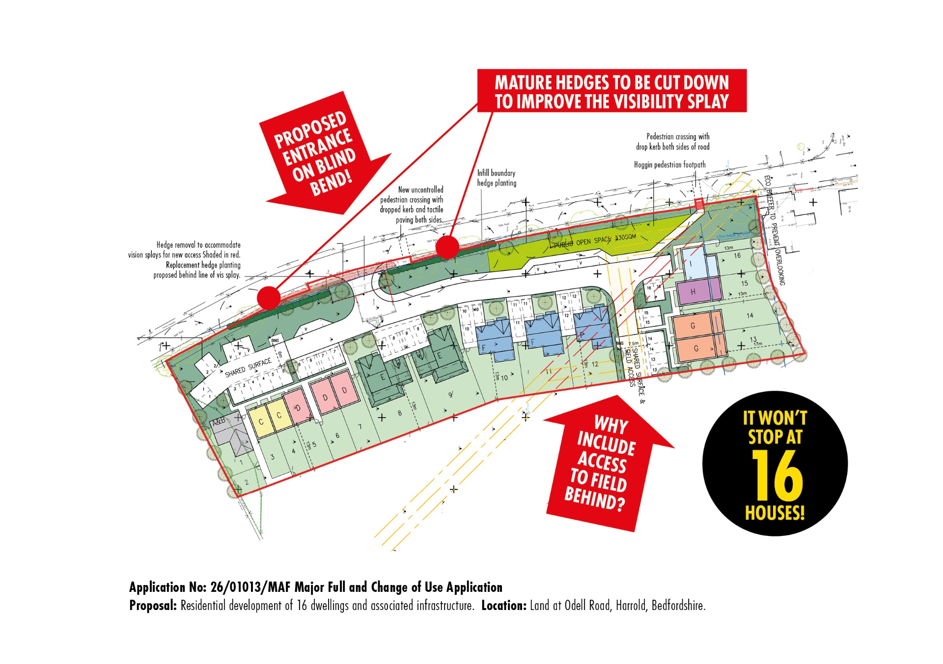 Annotated site plan of application 26/01013/MAF highlighting access concerns